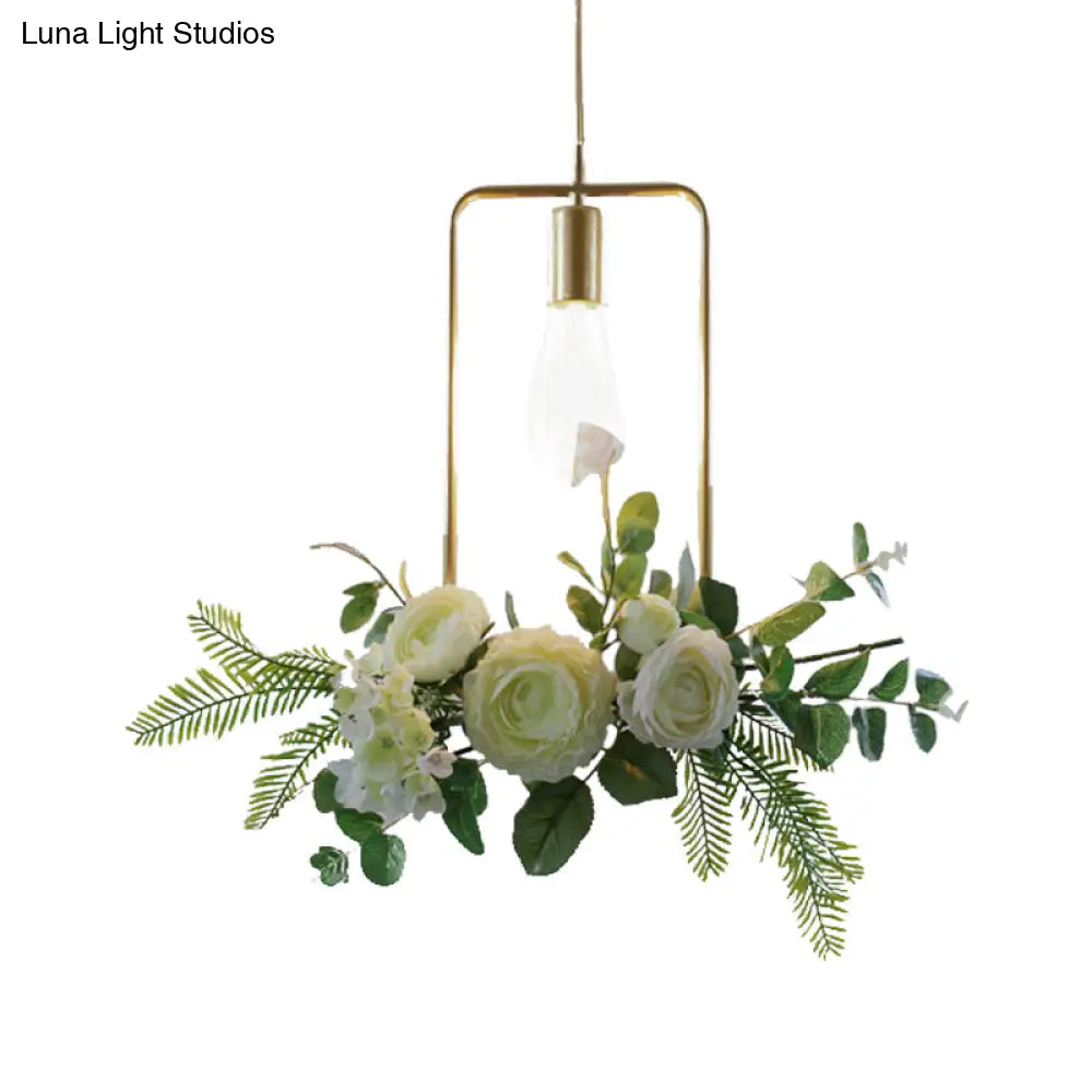 Green Farmhouse Fake Floral Ceiling Lamp: 1-Light Metallic Pendant with Triangle/Square/Linear Frame