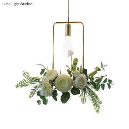 Green Farmhouse Fake Floral Ceiling Lamp: 1-Light Metallic Pendant with Triangle/Square/Linear Frame