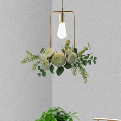 Green Farmhouse Fake Floral Ceiling Lamp: 1-Light Metallic Pendant with Triangle/Square/Linear Frame