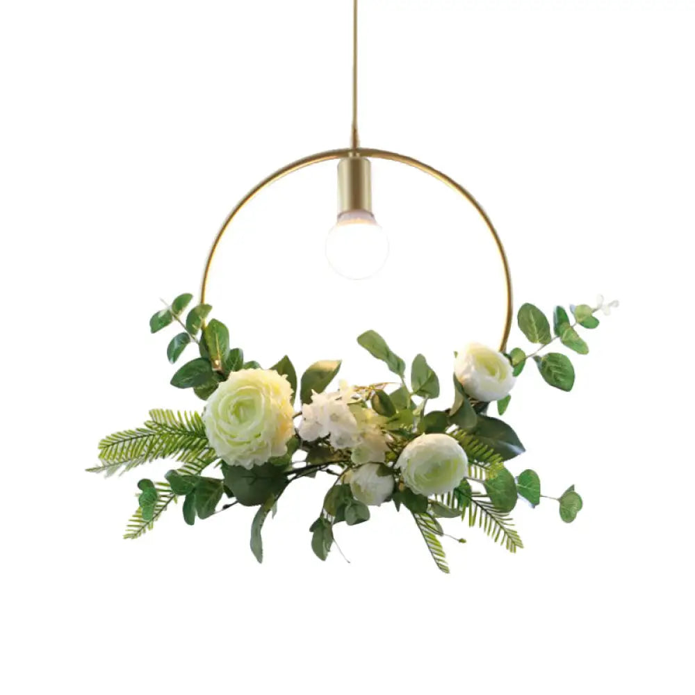 Green Farmhouse Fake Floral Ceiling Lamp: 1-Light Metallic Pendant with Triangle/Square/Linear Frame