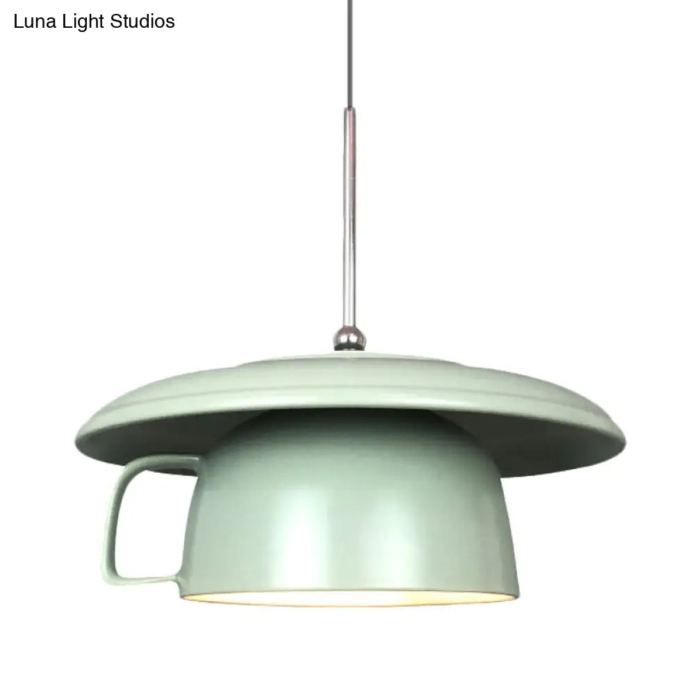 Green Finish Macaron Ceramic LED Pendant Light with Coffee-Cup Design - Hanging Ceiling Lamp