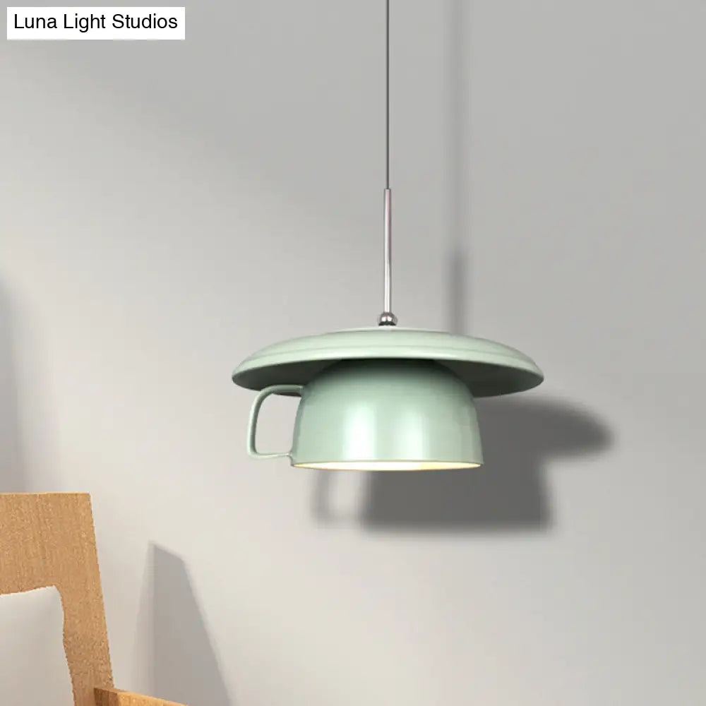 Green Finish Macaron Ceramic LED Pendant Light with Coffee-Cup Design - Hanging Ceiling Lamp