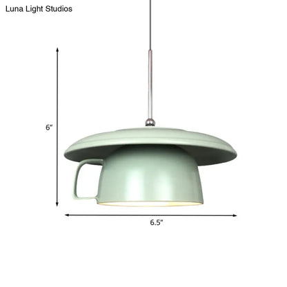 Green Finish Macaron Ceramic LED Pendant Light with Coffee-Cup Design - Hanging Ceiling Lamp