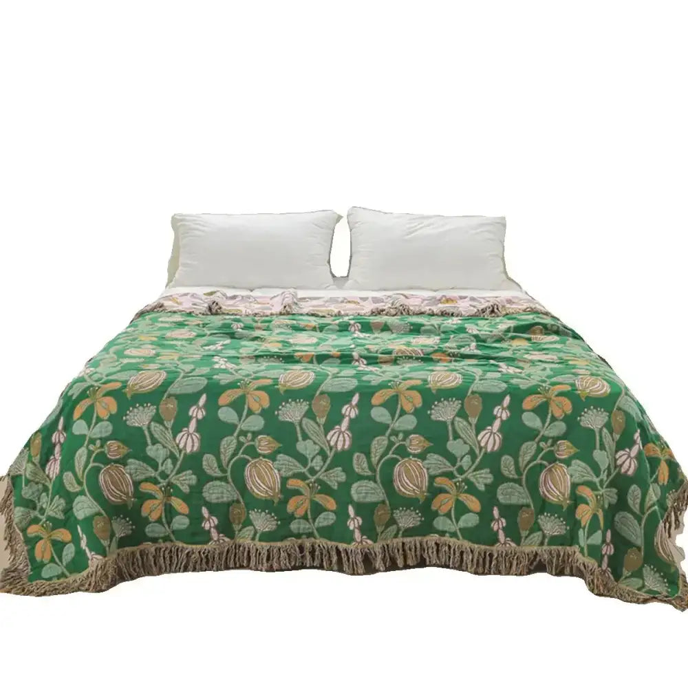 Green floral cotton tassel sofa blanket with beige botanical patterns and textured fringe for living room decorbites cotton tassel