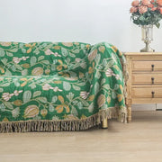 Green floral cotton tassel sofa blanket with beige embroidery and fringed edge for living room decorbites cotton tassel