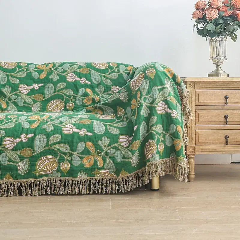 Green floral cotton tassel sofa blanket with beige embroidery and fringed edge for living room decorbites cotton tassel