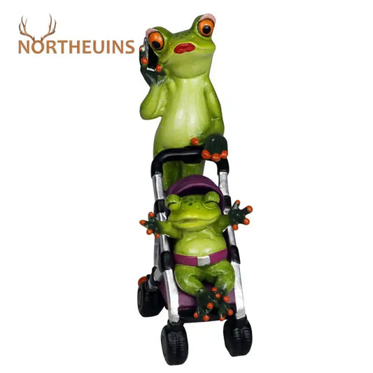 Green resin decorbites frog family statue set with parent frog holding phone and stroller for living room decorbites frog family
