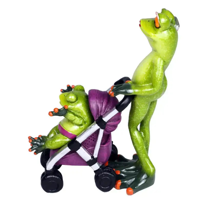 Green frog family statue set featuring resin decorbites frog family figurines with stroller for living room decor
