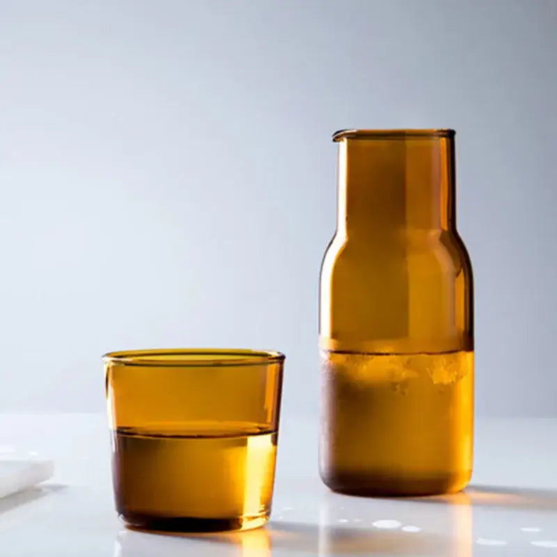 Amber-colored glass 550ml bedside water carafe and matching tumbler set ideal for bedroom use