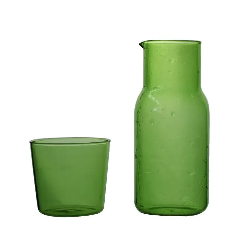 Green glass 550ml bedside water carafe and matching tumbler set for bedroom use with spout design