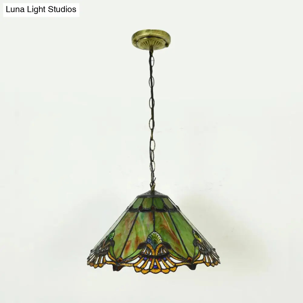 Green Glass Baroque Conical Pendant Light Kit - 1-Light for Dining Room