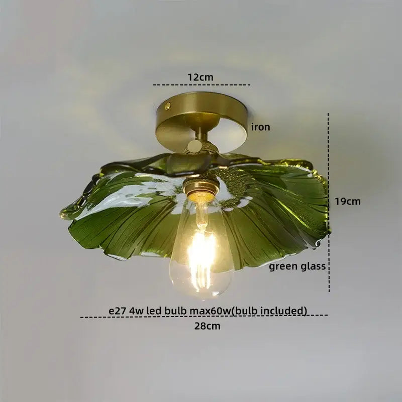 Green glass leaf copper nordic ceiling lamp with brass iron base and clear edison bulb for living room lighting