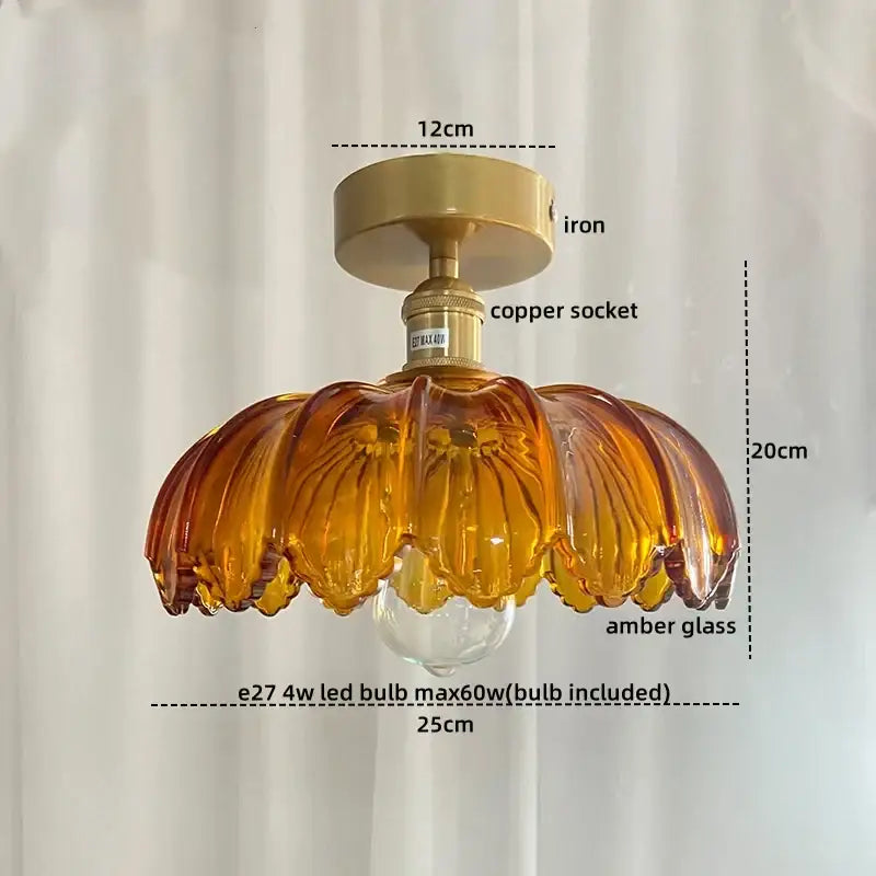 Amber glass pendant ceiling lamp with brass iron mount and copper socket, glass copper nordic style for living room