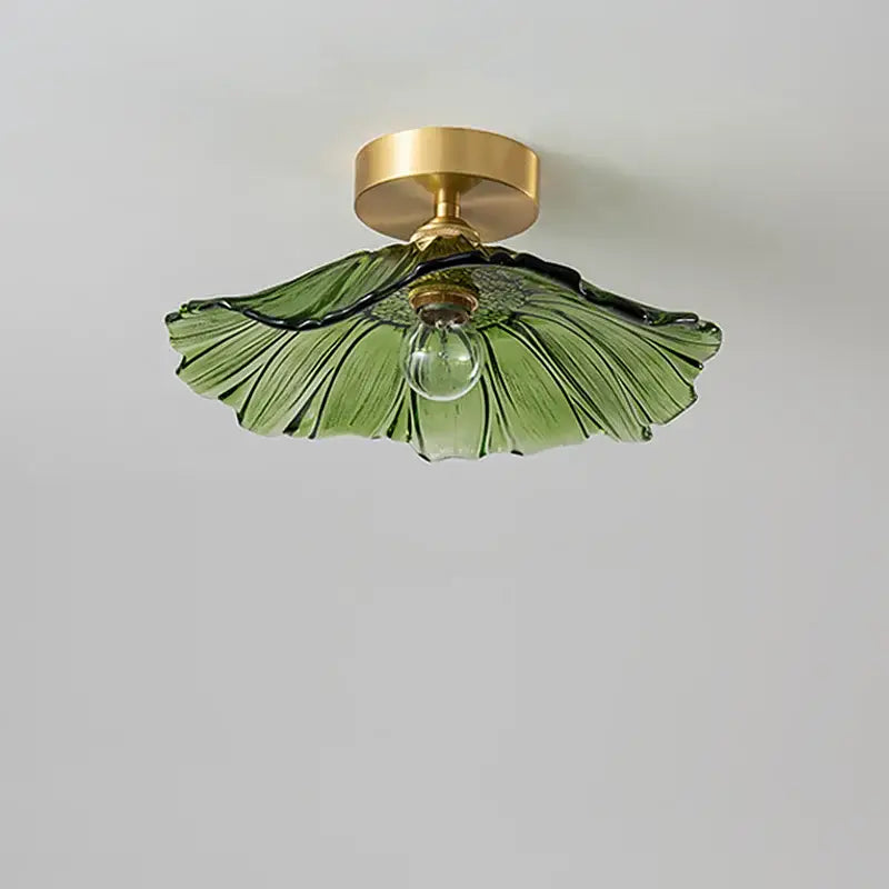 Green glass leaf copper nordic ceiling lamp with brass fixture and exposed bulb for living room lighting