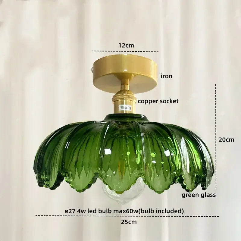 Green glass leaf copper nordic ceiling lamp with fluted petal design and brass iron mounting for living room use