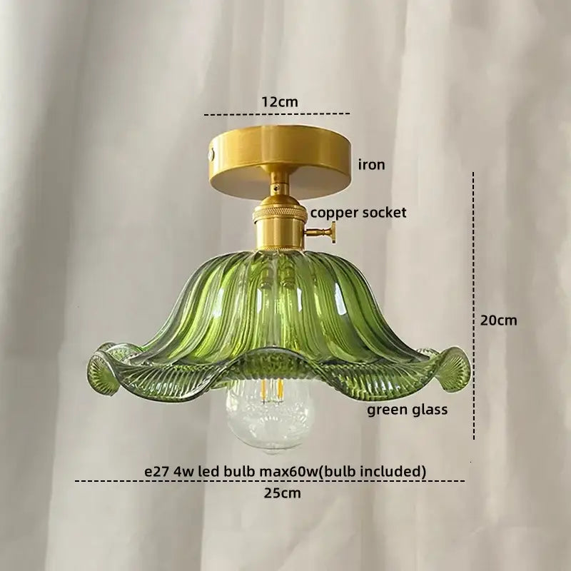 Green glass leaf copper nordic ceiling lamp with brass iron and copper socket base for living room lighting