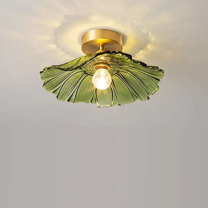 Green glass leaf ceiling lamp with copper nordic brass fixture for living room lighting and decor