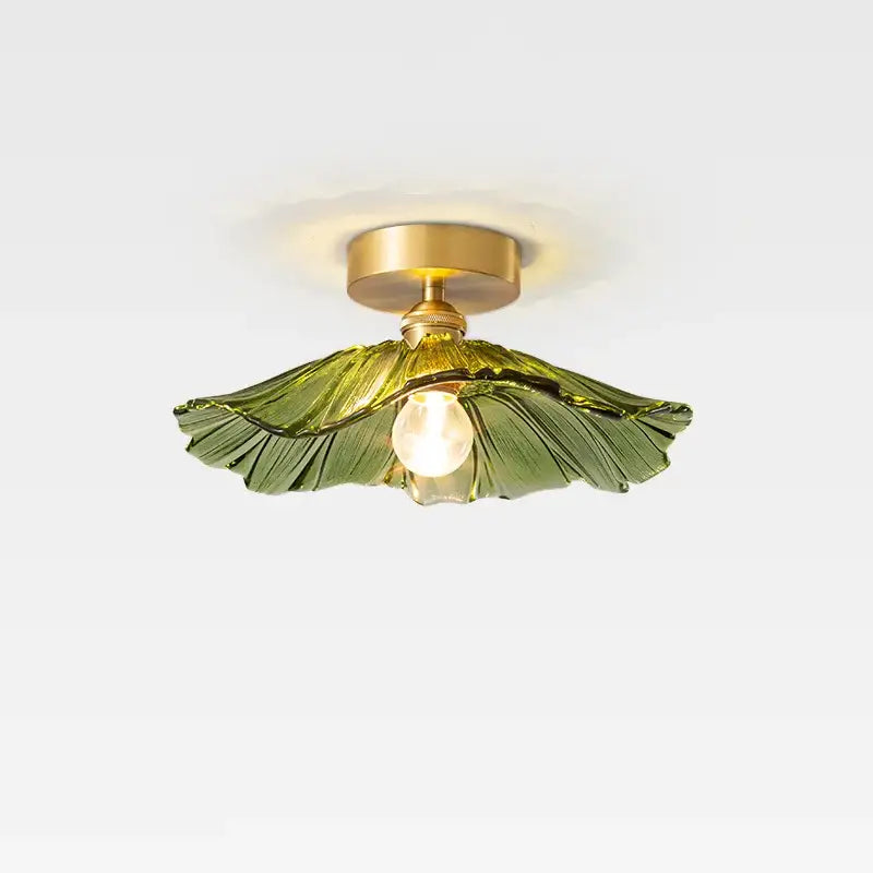 Green glass leaf copper nordic ceiling lamp with brass fixture for living room lighting