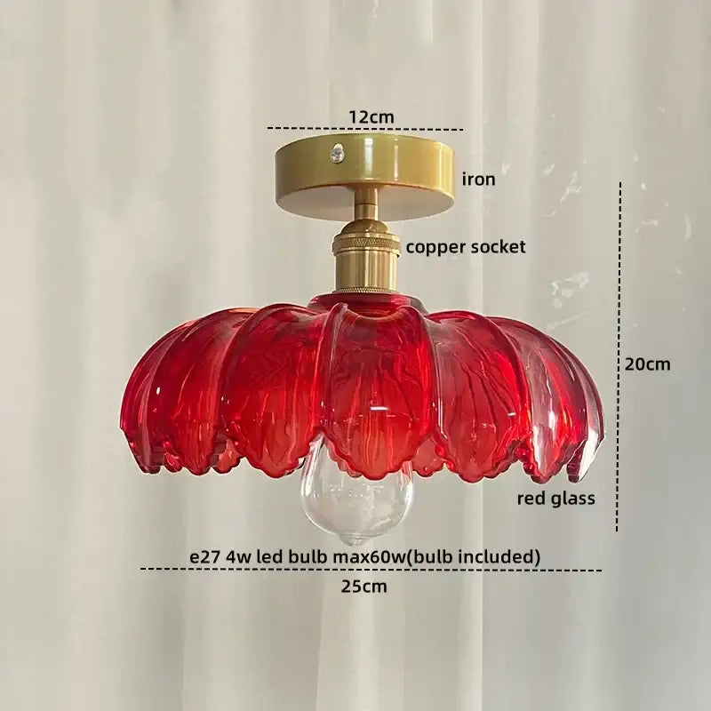 A vibrant red glass copper nordic ceiling lamp with an iron mounting in an elegant petal shape for living room