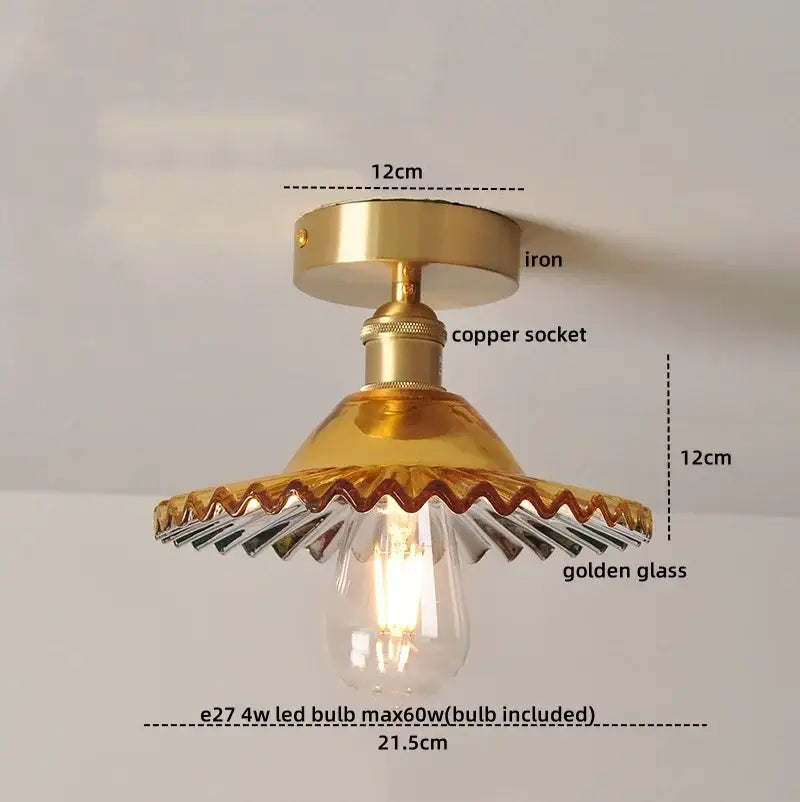 A vintage green glass leaf copper nordic ceiling lamp with brass iron base and scalloped golden glass shade for living room