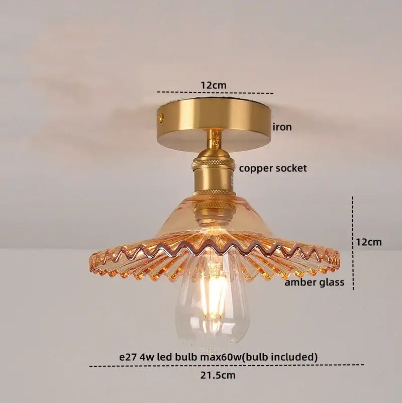 Vintage-style ceiling lamp with brass iron base copper nordic socket and amber scalloped glass shade for living room