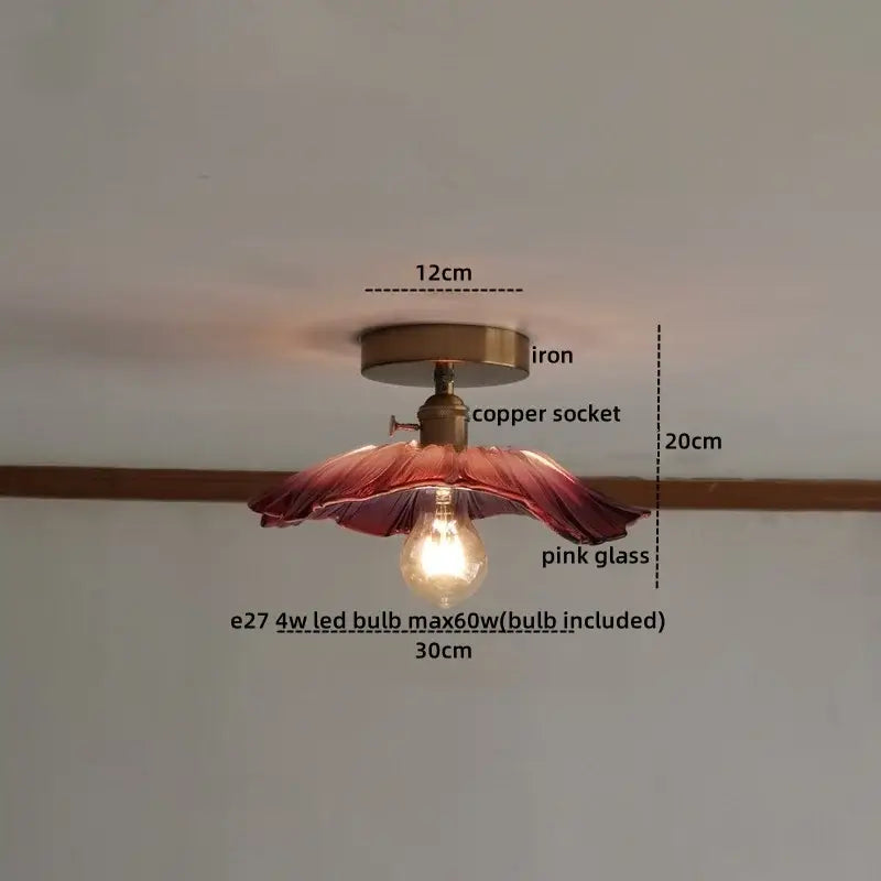 Vintage-style ceiling lamp with copper nordic socket iron base and pink glass shade for living room lighting