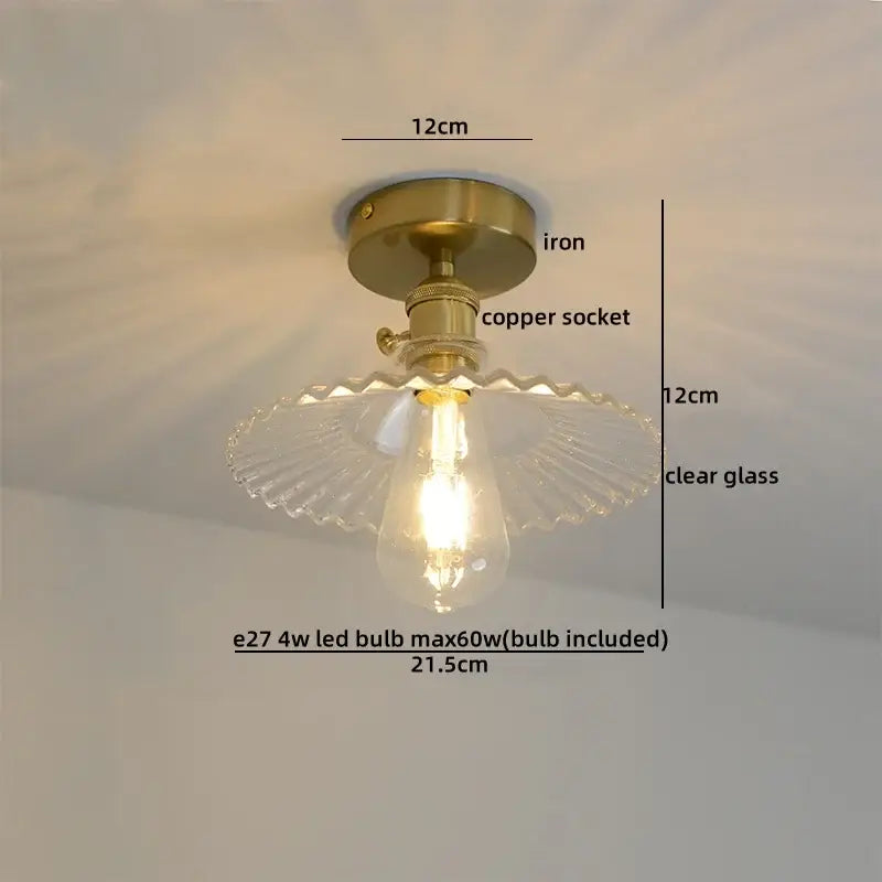 Vintage-style ceiling lamp with brass iron base copper nordic design and clear scalloped glass shade for living room