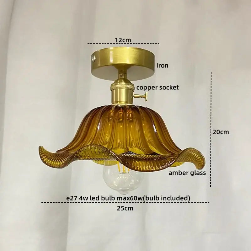 Vintage-style ceiling lamp with golden brass base copper nordic ceiling and amber glass petal shade for living room