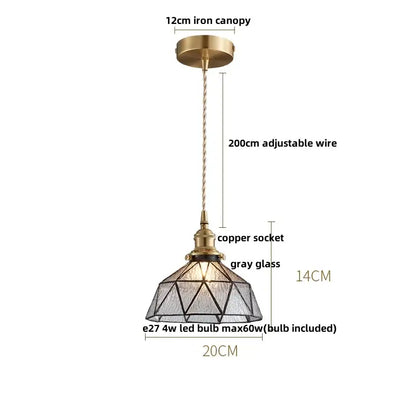 Antique brass pendant light with geometric gray glass shade and decorbites copper canopy led for dining room decor