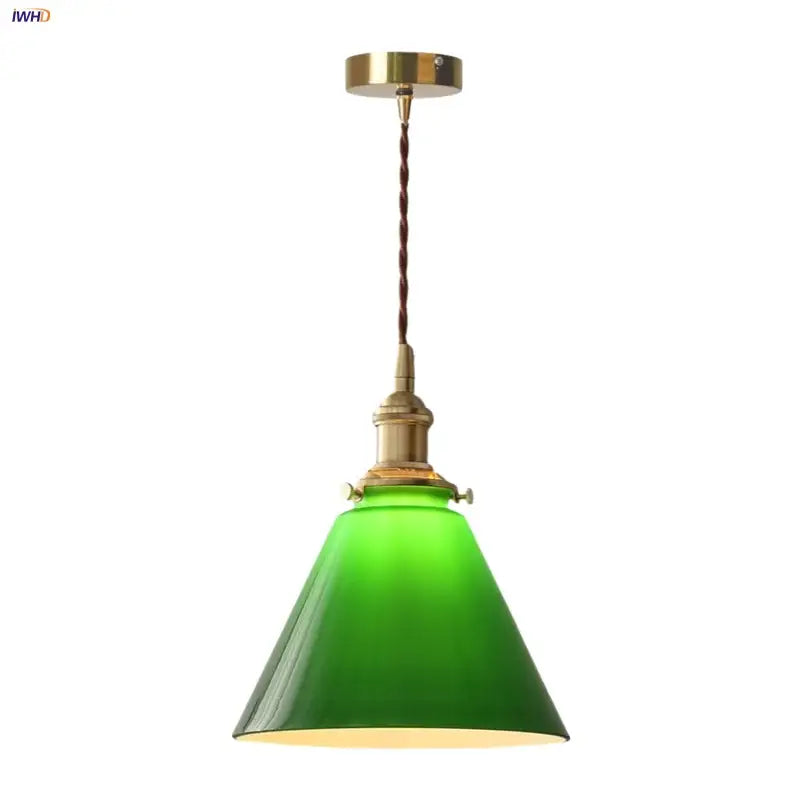 Green glass pendant light with brass hardware and twisted cord featuring decorbites copper canopy for dining room decor