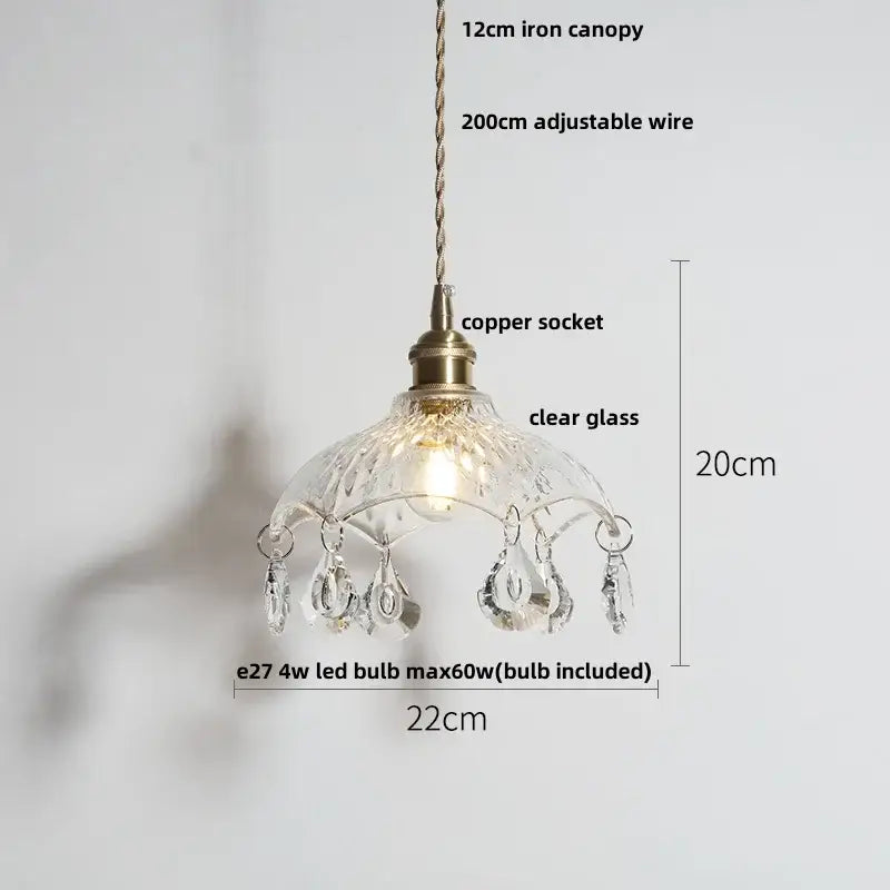 Clear glass pendant light with brass copper socket and crystal teardrops featuring decorbites copper canopy led for dining room