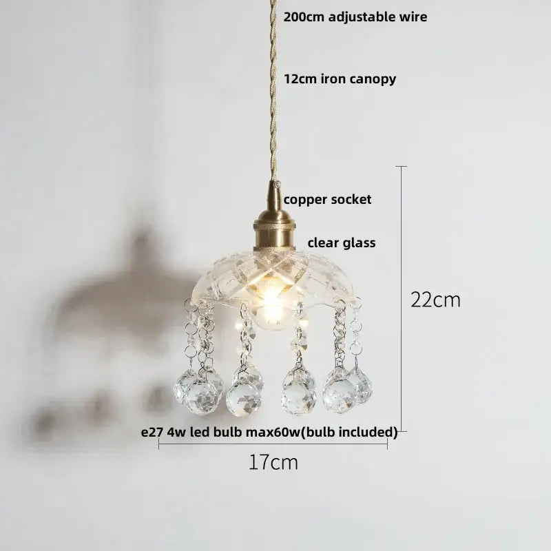 Clear glass pendant light with decorbites copper canopy led and brass socket with crystal droplets for dining room decor