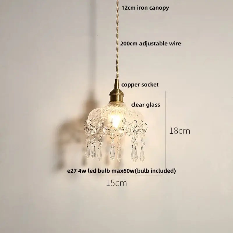 Green glass pendant light with a delicate clear glass shade decorbites copper canopy and crystal droplets for dining room decor