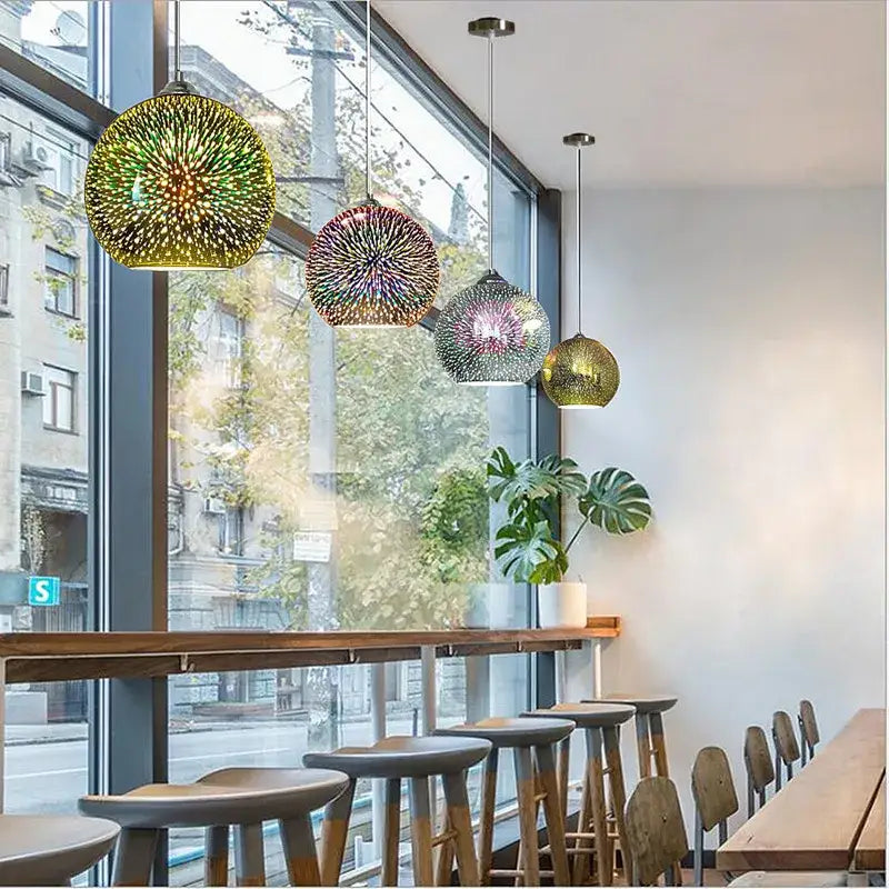 Four colorful glass ball pendant lights with green and gold mosaic starburst patterns for dining room decorbites colorful glass