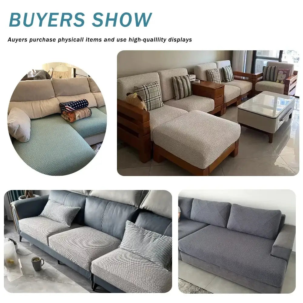 Beige textured fabric sectional sofa couch cover with subtle woven pattern designed for sofas and ottomans