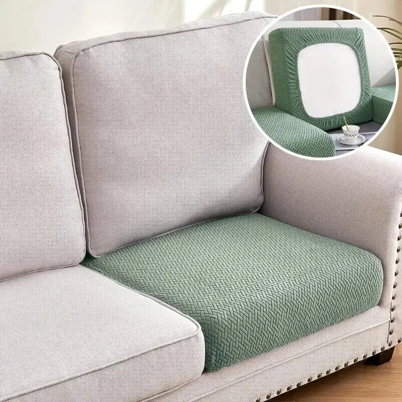 Green jacquard sectional sofa couch cover with herringbone-patterned cushion case for living room use