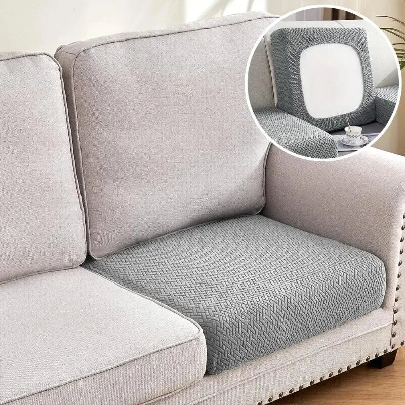 Gray herringbone-patterned cushion cover for sectional sofa couch cover in green jacquard living room set