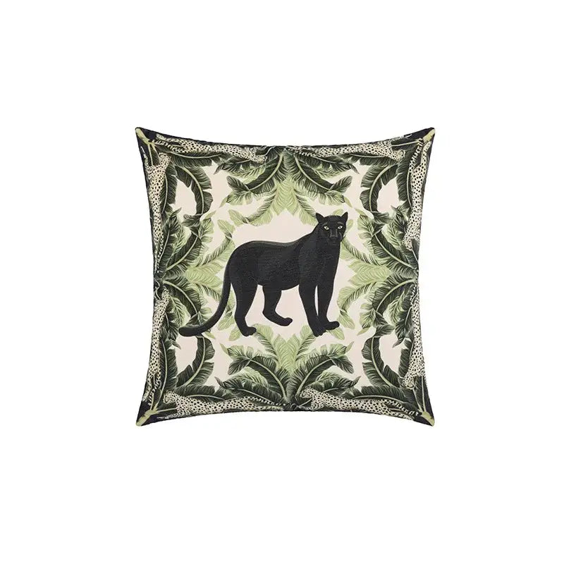 Square premium cushion cover with black panther illustration green jungle leaves and leopard print trim for living room decor