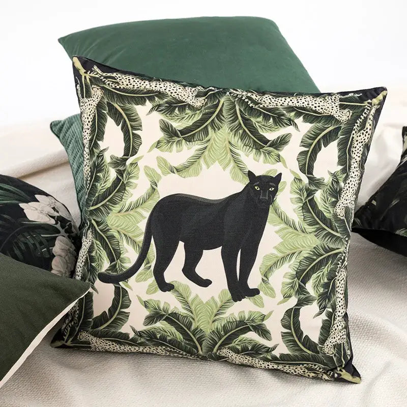 Square premium cushion cover with black panther silhouette green jungle leaves and leopard print trim for living room decor