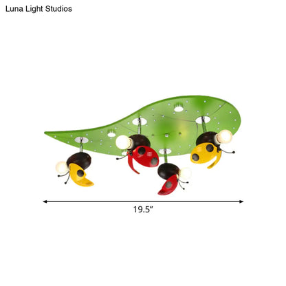 DecorBites™ DecorBites™ Green Ladybug Rest On Leaf Ceiling Light - Kid Iron 4-Bulb Bedroom Semi Flush Mount