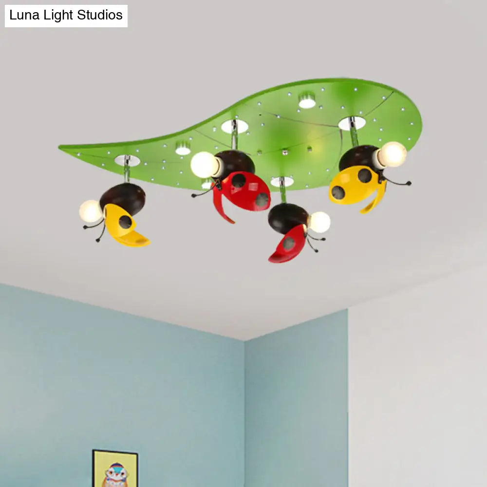 DecorBites™ DecorBites™ Green Ladybug Rest On Leaf Ceiling Light - Kid Iron 4-Bulb Bedroom Semi Flush Mount