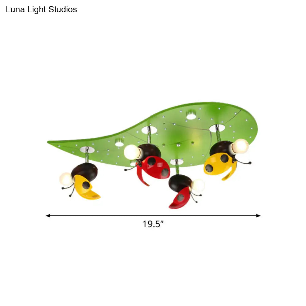 DecorBites™ DecorBites™ Green Ladybug Rest On Leaf Ceiling Light - Kid Iron 4-Bulb Bedroom Semi Flush Mount