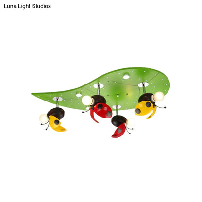 DecorBites™ DecorBites™ Green Ladybug Rest On Leaf Ceiling Light - Kid Iron 4-Bulb Bedroom Semi Flush Mount