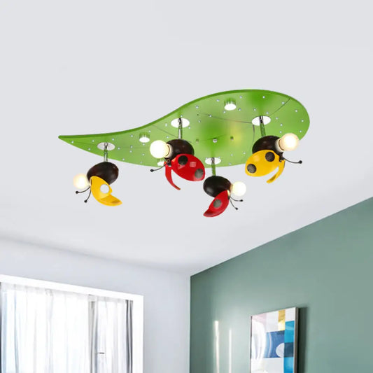 DecorBites™ DecorBites™ Green Ladybug Rest On Leaf Ceiling Light - Kid Iron 4-Bulb Bedroom Semi Flush Mount