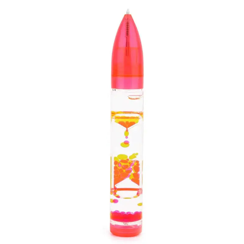 A vibrant pink and clear liquid hourglass pen with colorful floating beads for office and bedroom decompression decor