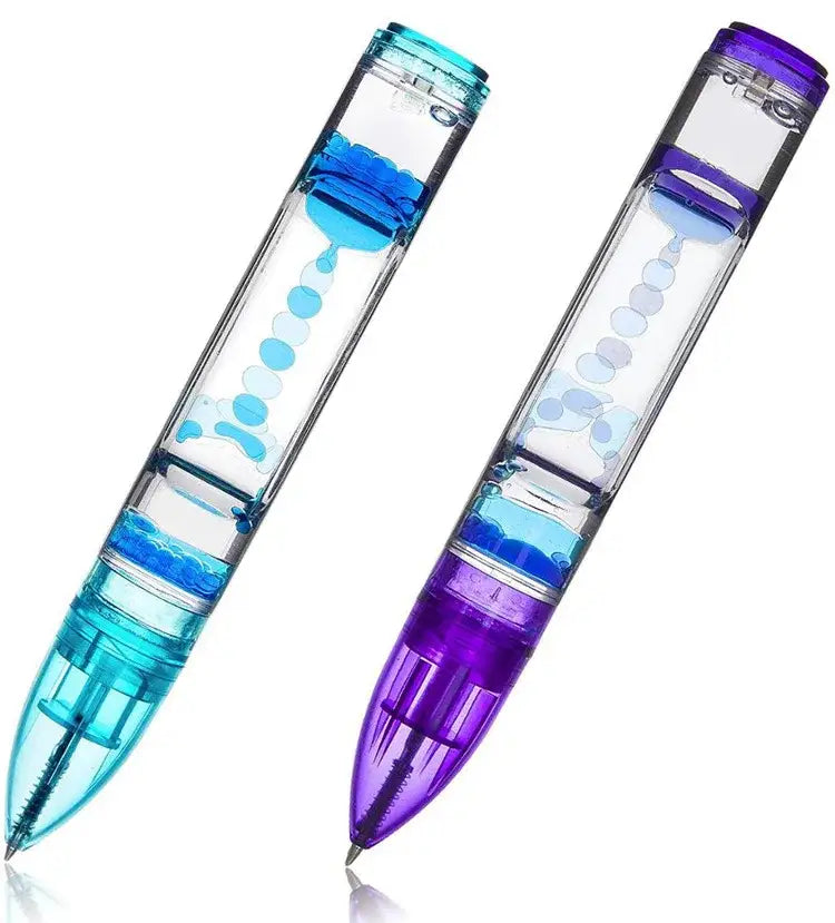 Two translucent liquid hourglass pens with turquoise blue and purple light-blue liquids for office and bedroom decor