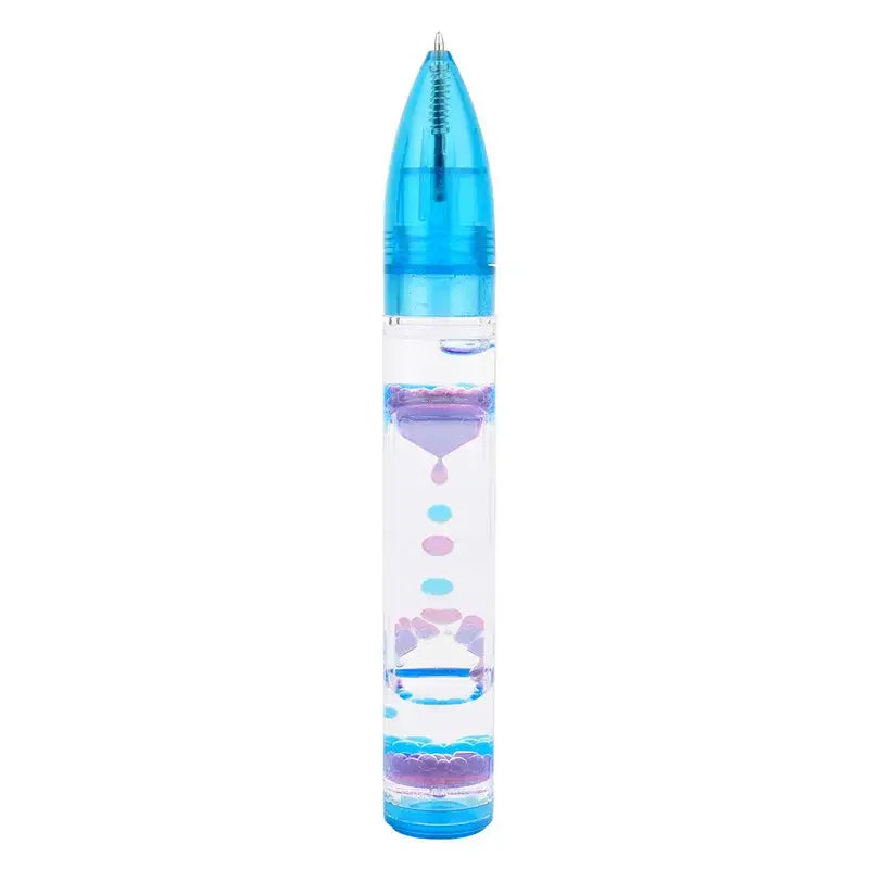 Translucent blue liquid hourglass pen with clear barrel and swirling purple and pink droplets for office and bedroom decor