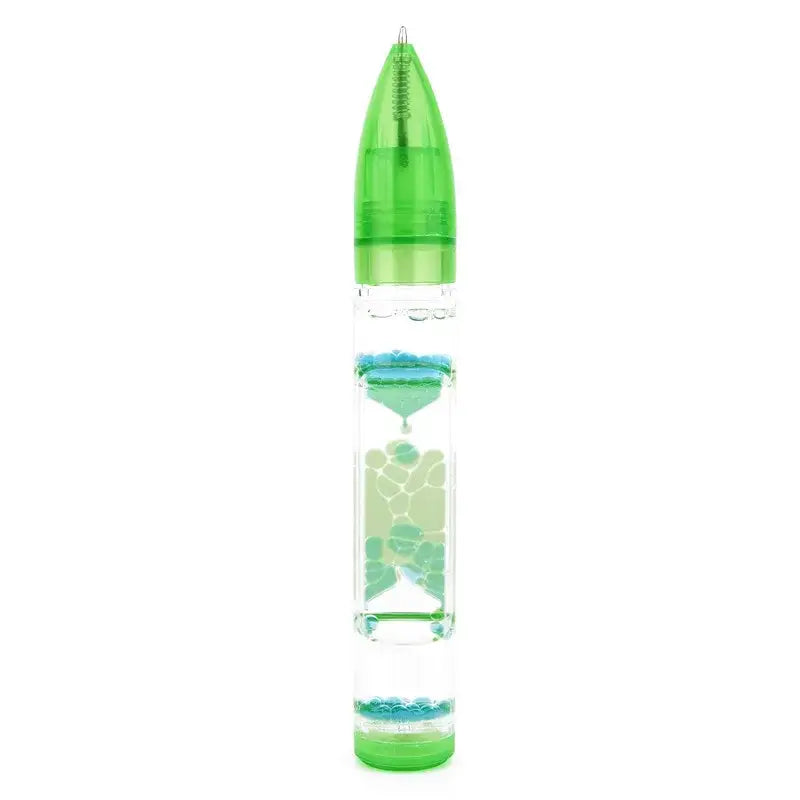 Green leaf liquid hourglass pen with transparent body and decorative leaf patterns for office and bedroom decompression decor