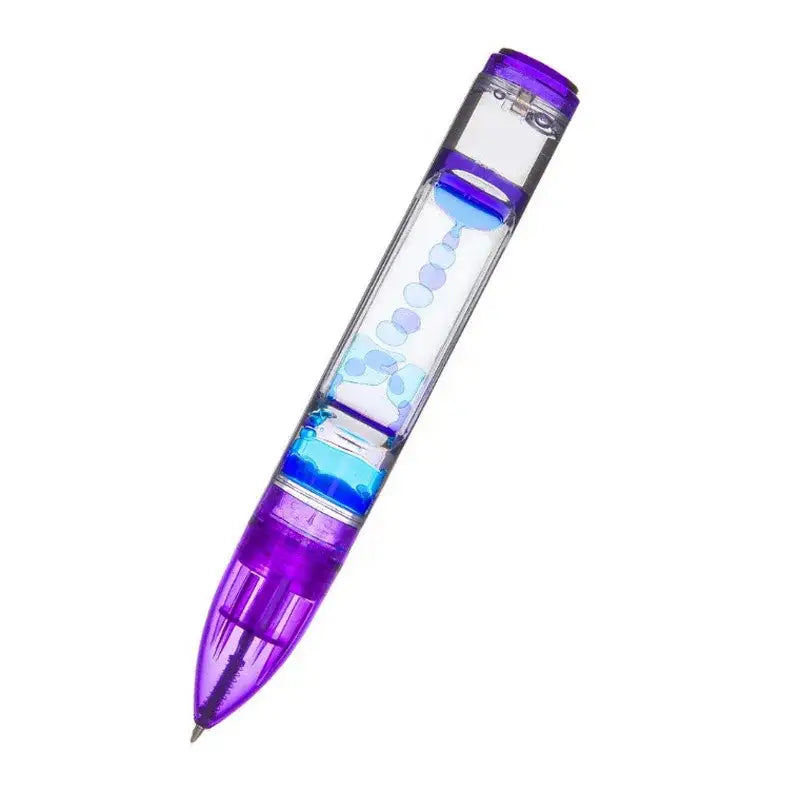 Purple translucent liquid hourglass pen with blue beads flowing through clear sections for office and bedroom decor