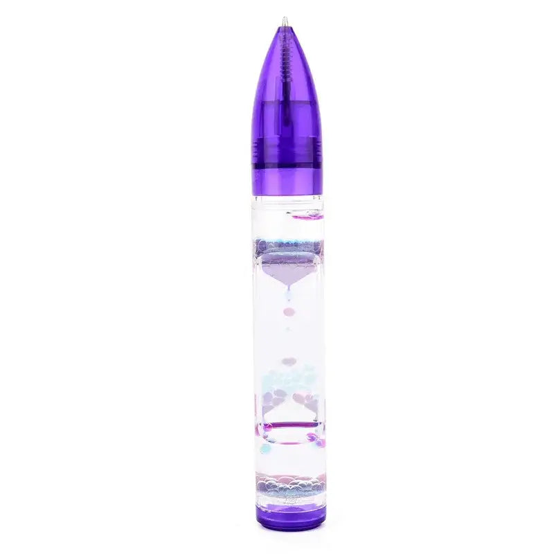Purple-tinted glass liquid hourglass pen with swirling iridescent beads for office and bedroom decompression decor